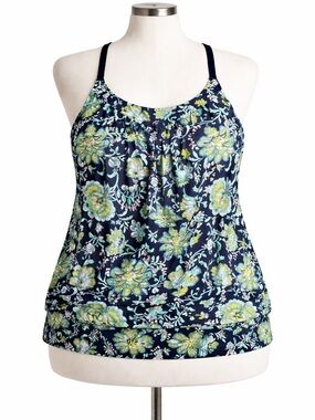 Lands’ End 24W DDD Tankini Top Navy Floral Tummy Control Swim Top